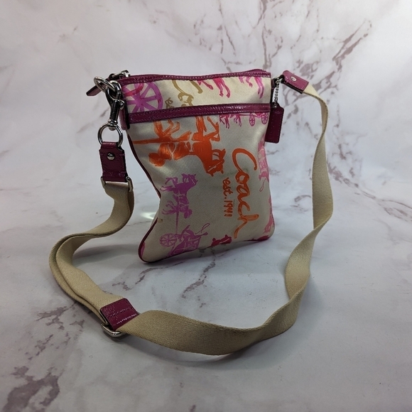 Coach Crossbody Bag Horse Carriage Logo Pink Orange Crayon Patent Y2K F43813 B2C - Picture 1 of 11